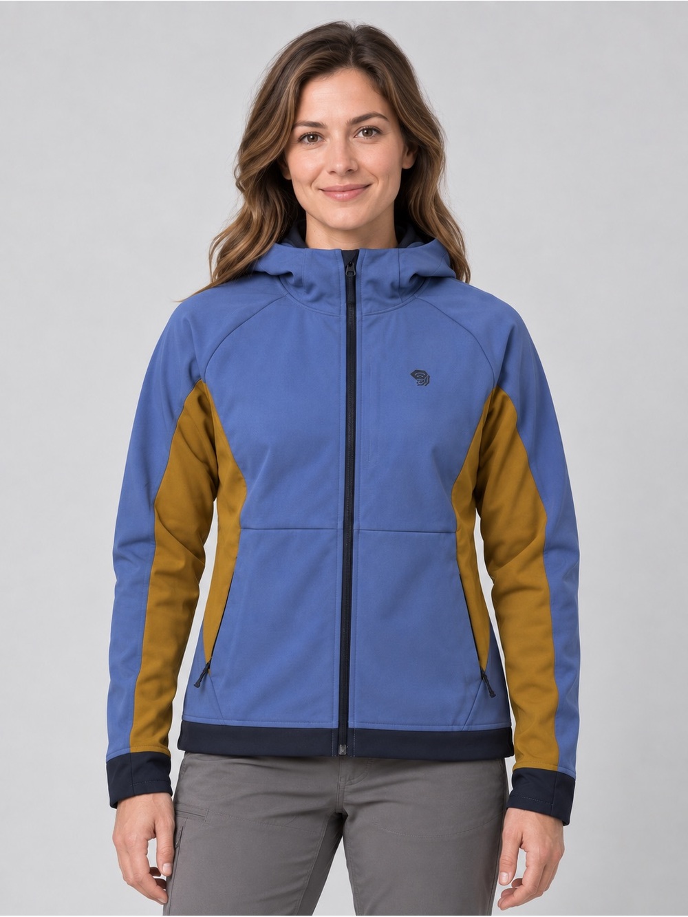 Mountain Hardwear Softshell Jacket‎ Women's Medium Blue Brown Hooded Full Zip